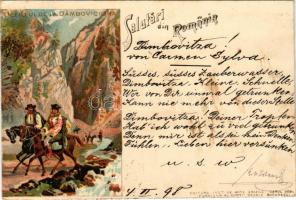 1898 Dambovicioara, Salutari din Romania. Defileul de la Dambovicioara (Cheile Dambovicioarei) / gorge, mountain pass. Editura Inst. de Arte Grafice Carol Göbl Art Nouveau, litho (EK)