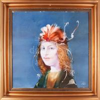 Szász Endre (1926-2003): Női portré. Olaj, farostlemez, jelzett. Alján felületi kopással (feltehetően korábbi keretezésből fakadó). Dekoratív fakeretben, 49x50 cm.