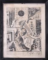 Hincz Gyula (1904-1986): Zene (cím nélkül). Rézkarc, papír, jelzett. Kissé foltos. Üvegezett fakeretben, 29,5x19,5 cm