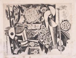 Hincz Gyula (1904-1986): Kavalkád (cím nélkül). Rézkarc, papír, jelzett. Kissé foltos. 30x39 cm