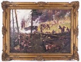 Németh László (1913-): Csatajelenet, 1942 (I. vagy II. világháború). Olaj, fa, jelzett. Dekoratív, s...