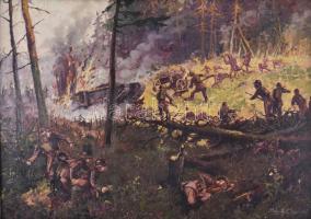 Németh László (1913-): Csatajelenet, 1942 (I. vagy II. világháború). Olaj, fa, jelzett. Dekoratív, s...