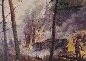 Németh László (1913-): Csatajelenet, 1942 (I. vagy II. világháború). Olaj, fa, jelzett. Dekoratív, s...