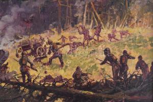 Németh László (1913-): Csatajelenet, 1942 (I. vagy II. világháború). Olaj, fa, jelzett. Dekoratív, s...