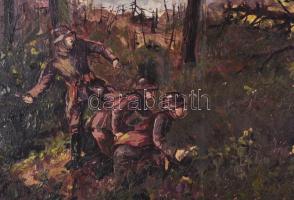 Németh László (1913-): Csatajelenet, 1942 (I. vagy II. világháború). Olaj, fa, jelzett. Dekoratív, s...