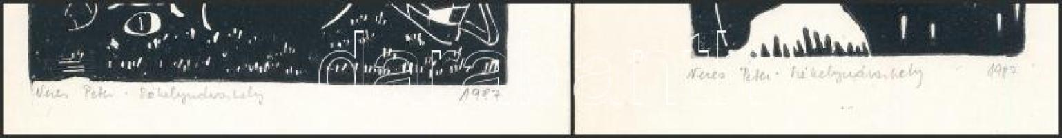 Veres Péter jelzéssel, 2 db grafika: Székelyudvarhely, 1987. Linómetszet, papír. 9,5×6 és 10,5x8,5 c...