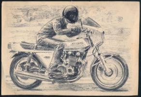 Jelzés nélkül: Kawasaki-motoros. Golyóstoll, papír, 13x19 cm.