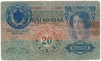 1913. 20K "1287 006528", I. kiadás, hamis(?) felülbélyegzéssel T:VG, ragasztás Adamo K18B