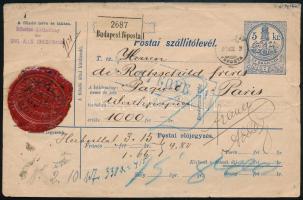 1881 Értékcsomag szállítólevél / Parcel card to Paris
