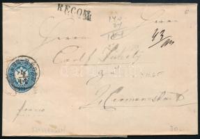 1865 2 x 10kr ajánlott levélen (1 bélyeg bontásnál kettévágva) / 2 x 10kr on registered cover "SZÁSZ-RÉGEN" - Hermannstadt (1 stamp torn apart)