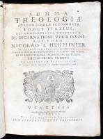 Nicolao L'Herminier: Summa theologiae ad usum scholae accomodata tomus primus [septimus], complectens tractatum De attributis divinis. Auctore Nicolao L'Herminier .., Tom. 3. Venetiis, 1761, Bapt. Pasquali. 263p. (22). Korabeli, kissé sérült egészbőr kötésben.