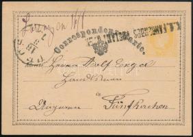 1875 Díjjegyes levelezőlap vasúti mozgópostával Pécsre / PS-card with railway postmark to Hungary