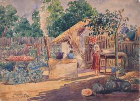 Humayer Oszkár (működött a XX. sz. elején): Kislány az udvaron, 1917. Akvarell, papír, jelzett, kissé sérült. Hátoldalán fürdőző gyerekek. 30x43 cm