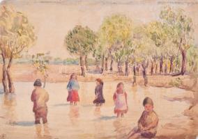 Humayer Oszkár (működött a XX. sz. elején): Kislány az udvaron, 1917. Akvarell, papír, jelzett, kiss...