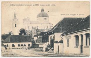 1912 Bölön, Belin, Böllen, Blumendorf; Unitárius templom az 1617 évben épült várral, Rafael Jakab ecetgyára és áruháza. Malomfalvi Szász F. felvétele / Biserica unitar / Unitarian church, castle, shop (gyűrődések / creases)