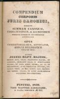 Bajzik [János Keresztély], Joanne(s) Bapt(ista) Compendium corporis juris canonici, exhibens summam canonum, constitutionum, decretorum modernis temporum circumstantiis accomodatam. Opus consistorialibus, advocatis, aliiisque ecclesiasticis perquam utile. [Pest] Pestini, 1836. Typis Trattner-Károlyianis. VI + [7]?317 + [19] p.; Egyetlen kiadás. A szerzőnek összesen két műve jelent meg. Korabeli, félvászon kötésben.