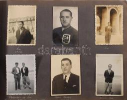 cca 1920-1940 Gombkötő Imre (1910-1988) labdarúgó (1933-ig az MTK-ból kivált Budapesti Atlétikai Klub (BAK) futballcsapatának tagja, 1933 és 1934 között a Bocskay FC, majd 1934-től 1939-ig az újpesti Phöbus FC játékosa) fényképalbuma, összesen 140 db fotóval, közte számos érdekes felvétellel a BAK, a Bocskay és a Phöbus csapatairól, kortárs labdarúgókról (Palotás István, Gallowich Tibor, Móré János, Teleki Pál, stb.), utazási és egyéb képekkel (többségük fotósarkokkal rögzítve, az albumlapokon feliratozva). Bakelittáblás, zsinórfűzéses albumban, az album kissé sérült, helyenként szakadt hártyapapírokkal, 23x32x3 cm ///  "Aukcióra kínáljuk Gombkötő Imre (a Budapesti Atlétikai Klub, BAK) labdarúgó egyedülálló és rendkívül ritka hagyatékát, amely a magyar labdarúgás 1930-as évekbeli hőskorába nyújt egyedülálló betekintést, megelőzve a későbbi legendás Aranycsapat korszakát. A hagyaték körülbelül 140 db eredeti, 6x9 cm-es fekete-fehér fényképet tartalmaz. Ennek mintegy fele a labdarúgásra fókuszál, megörökítve a csapatokat, a neves játékosokat és a korszak mérkőzéseinek hangulatát. A kollekció másik felét a focisták baráti és érzelmi élete, valamint személyes családi pillanatai teszik ki, egyedülálló bepillantást nyújtva a sportolók pályán kívüli világába. A gyűjtemény kulcsfontosságú dokumentumai a korszak labdarúgásának, megörökítve a Bak FC teljes csapatát az 1930-as évekből, bemutatva a korszak meghatározó fővárosi együttesének tagjait, ahol maga Gombkötő Imre is aktív szerepet játszott. A felvételeken feltűnnek olyan ikonikus játékosok portréi és csoportképei, akik meghatározó alakjai voltak a magyar futballnak. Közöttük látható Gallovich Tibor, aki szövetségi kapitányként kulcsszerepet játszott az Aranycsapat alapjainak megteremtésében. Továbbá szerepelnek a korszak jelentős labdarúgói: Buzásy, Palotás (a képeken szereplő labdarúgó személyazonossága további kutatást igényelhet), Nóri János, Teleki Pál (a későbbi szövetségi kapitány), Vágó, Markos, Belezik, Budai, Wéber, Fekete, Megyeri, Béky és Tóth M, akik fontos tagjai voltak a Bak, a vidéki élcsapatként a budapesti gárdákat is kihívó Bocskai FC, valamint a már a 30-as években is meghatározó élvonalbeli klub Phöbus FC (az Újpest labdarúgó csapatának korábbi neve) együttesének. Különleges történelmi dokumentumok Bányai edző fotói.Bányai Lajos (1888 - ?) magyar bajnok labdarúgó, csatár. Az 1930-as Bajnokok Tornáján győztes Újpest edzője.A holokauszt áldozataként halt meg  A gyűjteményben 6 felvétel található róla: 3 kép a Phöbus FC csapatával készült, bemutatva edzői munkáját és a csapattal való kapcsolatát, míg 3 további fotó a játékosokkal való személyesebb pillanatait örökíti meg. Bányai zsidó származása miatt a holokauszt tragikus áldozatává vált, élete szörnyű körülmények között ért véget. Ezek a képek a sporttörténet mellett a korabeli társadalmi tragédia megrendítő mementói is. A kollekcióban egy különleges felvétel is található, melyen egyik focista Bányai edzővel látható az Eiffel-torony előtt, egy személyes pillanatot megörökítve a sport és a magánélet összefonódásából. Ez a páratlan gyűjtemény nem csupán sporttörténeti relikvia, hanem egy értékes korrajz, a magyar futball hőskorának megismeréséhez nélkülözhetetlen dokumentum és a holokauszt szörnyűségeire való emlékezés is. Különleges értéket képvisel gyűjtők, sporttörténészek és a történelem ezen sötét korszakának kutatói számára egyaránt."