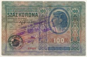 1912. 100K "1476 54426" hamis(?) felülbélyegzéssel T:VG kis beszakadások, középen hajtásnál lyuk