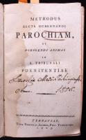Kolligátum: [Baerenkopf Ignác (1741-1809)] Methodus recte gubernandi parochiam et dirigendi animas in s. tribunali poenitentiae 2. Tyrnaviae [Nagyszombat] 1803. ,Typis Venceslai Jelinek, 1 t. (címképmetszet), 2 lev. 384 l. 3 lev. Hozzákötve, Analytica expositio tenorum investiturae parochialis...Tyrnaviae [Nagyszombat] 1803. ,Typis Venceslai Jelinek, 71p.  Hozzákötve: (Fuchs, Xaver Ferenc): Moralis philosophiae christianae de virtutibus, et vitiis tractatus pro omnibus... Posonii, 1802. Landerer. VIII, 224 l.   [Fuchs Xavér Ferenc (1744-1807)]: Moralis philosophiae Christianae de virtutibus, et vitiis tractatus pro omnibus, qui de his in Christianorum sensu genuino cum nexu recentioris philosophiae rationalis principiorum sanorum scientificam cognitionem sibi comparare, aut comparatam profiteri volunt. Contra sciolos. [Két kötetben kötve.] Korabeli sérült egészbőr kötésben