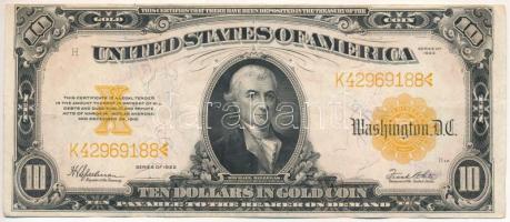 Amerikai Egyesült Államok 1922-1927 (1922) 10$ "Gold Certificate" nagyméretű, sárga pecsét "K42969188" "Harley V. Speelman - Frank White" T:F szép papír / USA 1922-1927 (1922) 10 Dollars "Gold Certificate" large-size, yellow seal "K42969188" "Harley V. Speelman - Frank White" C:F fine paper Krause P#274
