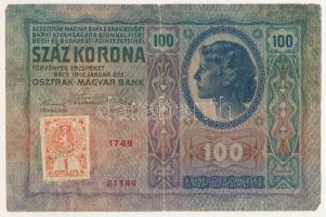 1912. 100K "1748 21184" hamis(?) bélyeggel T:VG felül nagyobb beszakadás