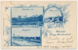 1899 Nagybecskerek, Zrenjanin, Veliki Beckerek; Amerikai rész, Bega part, Város rész. Grosits J. kiadása / American village, riverside. Art Nouveau, floral (szakadás / tear)