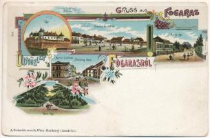 1909 Fogaras, Fagaras; vár, Ferenc József tér, Megyeháza, Mercur szálloda, Sterczing utca, Városliget. Szecessziós-virágos litho / castle, square, county hall, hotel, street view, park. A. Schwidernoch Art Nouveau, floral, litho (vágott / cut)