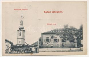 1909 Székelyhíd, Sacueni; Református templom, Deutsch háza és saját kiadása / Calvinist church, house (fl)