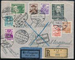 1935 Ajánlott légi levél 8 db bélyeggel Párizsba, visszaküldve / Registered airmail cover with 8 stamps to Paris, returned