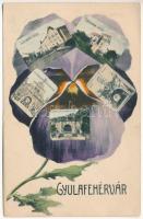 1910 Gyulafehérvár, Alba Iulia; Széchenyi utca, Csillagda utca, obszervatórium, Felső és Alsó Károly-kapu, Újkapu. Szecessziós-virágos keret / street, observatory, castle gates. Art Nouveau, floral frame (EK)