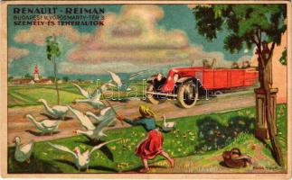 1932 Renault - Reiman személy és teherautók reklámlapja. Budapest Vörösmarty tér 3. Bruchsteiner és fia / Automobile advertisement. s: Pólya Tibor