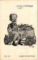 "Szociális termelésből fakadt a jólét" Nyisztor György földművelési népbiztost ábrázoló politikai karikatúra / Hungarian anti-communist propaganda postcard s: Szép Lajos