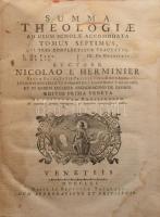 Nicolao L'Herminier: Summa theologiae ad usum scholae accomodata tomus septimus, complectens tractatum De attributis divinis. Auctore Nicolao L'Herminier Venetiis, 1761, Bapt. Pasquali. 266p. (21). Korabeli, sérült egészbőr kötésben.