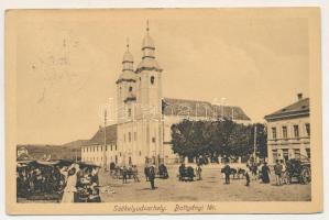 1917 Székelyudvarhely, Odorheiu Secuiesc; Batthyány tér, templom, piac, Gáspár Testvérek üzlete. Dragomán kiadása / square, church, market (EK)
