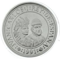 Spanyolország 1991. 5000P Ag "Amerika felfedezésének 500. évfordulója - Pizarro, Atahualpa" tanúsítvánnyal, kapszulában, fa dísztokban T:PP Spain 1991. 5000 Pesetas Ag "500th anniversary of the discovery of America - Pizarro, Atahualpa" with certificate, in capsule, in wooden case C:PP