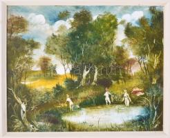 Szilágyi Imre (1942-): Fürdőző női aktok. Olaj, farost, jelezve jobbra lent. 40x50 cm. Fakeretben.