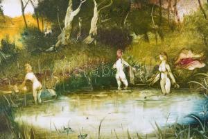 Szilágyi Imre (1942-): Fürdőző női aktok. Olaj, farost, jelezve jobbra lent. 40x50 cm. Fakeretben