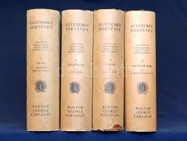 Egyetemes történet négy kötetben. A Magyar Szemle Társaság megbízásából szerkesztették: Hóman Bálint, Szekfű Gyula, Kerényi Károly. I-IV. kötet. [Teljes mű négy kötetben.] (Számozott). Budapest, (1935). Magyar Szemle Társaság (Révai Testvérek Irodalmi Intézet Rt. ny.) XVI + 704 p. + 6 térkép (2 színes, 4 dupla oldalas, ebből egy színes); [4] + 720 p. + 9 térkép (színes); VIII + 676 p. + 13 térkép (12 színes, ebből 7 dupla oldalas); [4] + 660 p. + 6 térkép (5 színes, ebből 3 dupla oldalas). Egyetlen kiadás. Bibliofil civilizáció-történeti monográfiasorozatunk kötetei sorszámozottak, a sorszámozás az első kötet végén: 4103. A mű beosztása:  Kerényi Károly (szerk.): Az ókor története Váczy Péter (szerk.): A középkor története Hajnal István: Az újkor története Iványi-Grünwald Béla: A legújabb kor története Négykötetes művünk a korszak legjelentősebb szellemi műhelye, a Magyar Szemle Társaság gondozásában készült. Szellemtörténeti megközelítésű monográfia-sorozatunk szerkesztésére neves tudósokat kértek fel, Kerényi Károly klasszika-filológust, Váczy Péter középkorászt, Hajnal István gazdaságtörténészt és Iványi-Grünwald Béla eszmetörténészt. Civilizációtörténeti monográfiánk bár foglalkozik a kialakuló államok eseménytörténetével, érdeklődésének középpontjában mégis inkább az állam- és társadalomszervezés, valamint a szellemi hátország kulturális áramlatainak vizsgálat áll. Munkánk a római társadalmi küzdelmek elbeszélésnek módjára a későbbi korszakokban is jelentős terjedelmet szentel társadalmi konfliktusoknak (törzsi, rendi, később ideológiai küzdelmeknek), társadalomtörténeti részletei azonban a szerzők alkotmány- és jogtörténeti érdeklődéséből bontakoznak ki, korántsem a marxi osztályharc-elmélet megfontolásaiból. Az egyes kötetekben oldalszámozáson belül gazdag térképanyag, a színes táblákon ritkán látott térképek (Meroving- és Karoling-kori Németország, a latin és görög kultúrájú Bizánc, a középkori orosz államok, a középkori francia grófságok, az Egyesült Államok mezőgazdasági körzetei). Valamennyi kötet címlapja után, illetve első levelén kiadói szárazbélyegzés, az első előzéken régi tulajdonosi bélyegzés. Poss.: Faluhelyi József budapesti csemegekereskedő. Egységes, aranyozott, álbordás kiadói félbőr kötésben, márványmintás festésű lapszélekkel, egységes, feliratozott kiadói védőborítóban. Dekoratív, kiváló állapotú, nagyon szép sorozat.