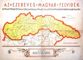[Térkép] Az ezeréves magyar Felvidék. A követelt határmódosítások vonalát feltüntető színes térkép, hátoldalán felvidéki városok felvételeivel. (1938). [Budapest, 1938]. Pesti Hirlap [ny. n.] Színes térkép, mérete: 240x540 mm egy 415x580 mm méretű térképlapon. A Pesti Hirlap ajándékaként megjelent színes térképünk 1938 októberében, a Felvidék magyar lakta sávja visszaadásáért folytatott komáromi magyar-szlovák tárgyalások idején keletkezett, mely folyamatot végül az első bécsi döntés zárta le, 1938. november 2-án. A Csehszlovákia egész szlovákiai és ruszinföldi régióját ábrázoló térképünkön a tárgyalási alapnak tekinthető magyar határkövetelések vonala, amely nagyjából követi a végleges döntést. Néhány feltűnő eltérés azonban mutatkozik, térképrajzolónk (illetve a tárgyaló magyar küldöttség) elképzelése szerint Pozsony városa és Nyitra is visszajárt volna, a bécsi döntés azonban e követeléseket elvetette. Színes térképünkön vízrajzi és domborzati részletek, megyehatárok és a fontosabb városok szerepelnek, a térkép alatt Madách-idézet, hátoldalán felvidéki városok, várak és tájak látképeiből összeállított válogatás: Pozsony, Kassa, Komárom, Nagyszombat, Körmöcbánya, Nyitra, Magas-Tátra, Selmecbánya, Trencsén, Árva, Krasznahorka, Lőcse, Bártfa fotói. A lapszéleken apró szakadásnyomok. Jó állapotú lap, hajtásnyomokkal.
