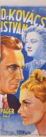 1942 Dr. Kovács István. Moziplakát (filmplakát, rácsplakát). Fekete István regénye után, Páger Antal főszereplésével, további szereplők: Simor Erzsi, Tóth Júlia, Rajnay Gábor. Litográfia, papír. Muskovszky László (1902-?) grafikája, jelzett a plakáton. Unitas Lito, Bp. M.F.I. Film. Feltehetően tévnyomat, "félrecsúszott" a nyomás, jobb szélről "hiányzik" kb. 1 cm ezen plakát többi példányával összevetve. Egészen apró lapszéli szakadással, máskülönben jó állapotban. 84×29 cm. / Vintage Hungarian poster of a movie, lithograph on paper with very minor tear, otherwise in good condition.
