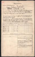 Reichardspergi Reichard Béla (Adalbert Reichard) (1876-1921), a cs. és kir. 44. gyalogezred századosa (később őrnagy, majd m. kir. ezredes) 1913-ig terjedő katonai szolgálatáról kiállított, részletes német nyelvű jelentés (Makularpare); az összesen 10 számozott oldallal rendelkező dokumentumban 6 beírt oldalon a személyes adatok, a teljesített szolgálati idő, kitüntetések, rendfokozatok és előléptetések, illetve egyéb tudnivalók leírásával. Több oldal alján parancsnoki aláírásokkal, köztük Lauingen Vilmos (Wilhelm von Lauingen) ezredparancsnok, illetve Schnetzer Ferenc (1867-1944) alezredes (1915-től ezredesként a cs. és kir. 68. Jászkun gyalogezred parancsnoka, később vezérőrnagy; a Tanácsköztársaság idején a Fehérház Bajtársi Egyesület nevű ellenforradalmi csoport tagja; a Friedrich-kormányban 1919. augusztus 15. és november 24. között honvédelmi miniszter) autográf aláírásával. Fűzve, helyenként kisebb sérülésekkel, 41x24,5 cm.  Vitéz reichardspergi Reichard Béla (Mágocs, 1876 - Kaposvár, 1921) egyike azoknak az I. világháborúban hősies helytállást tanúsító magyar katonáknak, akiknek neve később sem merült feledésbe. A hivatalosan Albrecht főherceg nevét viselő, de ,,rosseb-bakák" néven is ismert, nagyrészt Somogy és Tolna megyékből összetoborzott cs. és kir. 44. gyalogezredben szolgált a háború alatt, illetve - a tételünkben szereplő irat tanúbizonysága alapján - az azt megelőző években is. Kurtz Géza és Kristófy Géza A cs. és kir. "Albrecht Főherceg" 44. gyalogezred és a cs. és kir. 105. gyalogezred története című művében az ezred tisztikarának névsorában is megtalálható Reichard Béla neve; itt őrnagyi rendfokozatban, a III. osztályú Vaskorona-rend, III. osztályú Katonai Érdemkereszt, Ezüst és Bronz Katonai Érdemérem, illetve a Német II. osztályú Vaskereszt tulajdonosaként tüntetik fel (ugyanakkor megjegyzik, hogy a források hiányosságai miatt a névsor nem tekinthető hitelesnek). Míg azzal kapcsolatban nincs kétség, hogy Reichard a 44. gyalogezred kötelékben harcolt a világháborúban, majd 1918-ban sikeresen hazatért Kaposvárra, a háború utolsó hónapjaiban az ezredben betöltött szerepével kapcsolatban születtek félreértések: több későbbi forrás Reichard Bélát azonosítja a ,,rosseb-bakák" utolsó parancsnokaként, aki 1918 őszén hazavezette az ezred maradványát az összeomló olasz frontról. A témában hitelesnek tekinthető források - például korabeli újságok tudósításai - alapján azonban ez az érdem nem neki, hanem Bauer Gyula ezredesnek tulajdonítható (Kurtz Géza már említett ezredtörténeti munkája - amelyhez maga Bauer írt előszót - is ezt erősíti meg). Ez azonban nem jelenti azt, hogy Reichard Bélának nem voltak jelentős érdemei az ezred tagjaként. Ő volt az, aki a 44. gyalogezred 1915 júliusában Reichenbergbe (mai nevén Liberec, Csehország) áthelyezett pótzászlóalját parancsnokként hazavezette Kaposvárra, ahol 1918. augusztus 8-án ünnepélyes keretek között fogadták őket (valószínűleg egy ezzel a történettel kapcsolatos félreértésből született az a változat, amely szerint Reichard az olasz frontról vezette haza az ezredet). Katonai karrierje a háború lezárulásával és az Osztrák-Magyar Monarchia felbomlásával nem ért véget; a Horthy-korszak kezdetén érdemei elismeréséül vitézi címet és ezredesi rangot kapott. Felfelé ívelő pályafutásának korai halála vetett véget 1921-ben. A kaposvári temetőben található síremléke Jálics Ernő (1895-1964) szobrászművész alkotása, aki tartalékos hadnagyként maga is a 44. gyalogezred kötelékében harcolt az I. világháborúban.