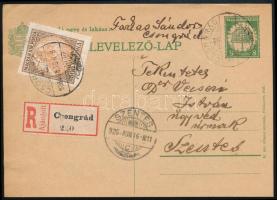 1926 8f díjjegyes ajánlott levelezőlap Koronás Madonna 2.500K díjkiegészítéssel "CSONGRÁD" - "SZENTES" / Registered 8f PS-card with 2.500K additional franking
