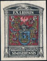 Lovrits Kálmán (1901-1972): Ex libris Bibliothecae Comitatus Simighiensis, 1935. Színes klisé, papír, jelzett a nyomaton. 10×7,5 cm.