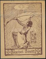 Márkus Imre (1872-): Ex libris Francisci Bónitz (szecessziós könyvjegy). Vonalas klisé, papír, jelzett a klisén. Javított. Hajtásnyommal. 8,5×6 cm.