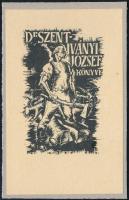 Szoboszlai Mata János (1907-1944): Dr. Szentiványi József könyve (ex libris). Fametszet, papír, jelzett a metszeten. Lap teteje kartonra kasírozva. 7×4,5 cm.