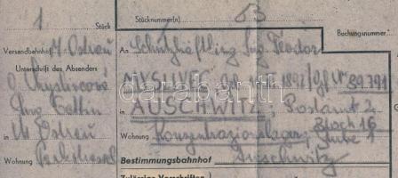cca 1944 Expressz vasúti fuvarlevél az Auschwitzi koncentrációs táborba egy élelmiszercsomagról. 

...