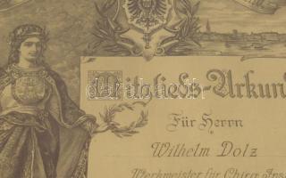 1895 Deutscher Werkmeister Verband (német művezetők szövetsége) dekoratív tagfelvételi oklevele Wilh...