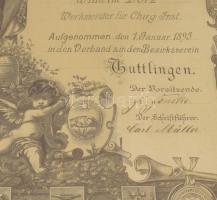 1895 Deutscher Werkmeister Verband (német művezetők szövetsége) dekoratív tagfelvételi oklevele Wilh...