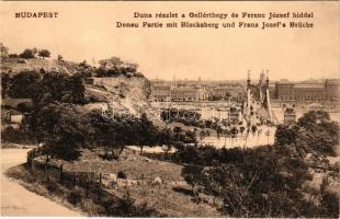 Budapest, Duna részlet a Gellértheggyel és a Ferenc József híddal, a Gellért Szálló még nem épült meg, Czigány János reklámja. Fellner Mór kiadása