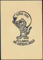 Meskó Anna (1943-2010) - Póka György (1944- ): Ex libris dr. Gombos László, Szöul 1988 (olimpiai könyvjegy). Linómetszet, papír, jelzés nélkül, 8,5x5,5 cm